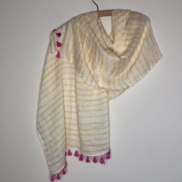 🛍️Yellow stripe pink pom-pom/tassel Nordstrom summer scarf $58 - Picture 3 of 8